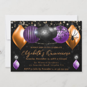 Lila Schwarze, Orange Halloween-Kugeln Quinceanera Einladung