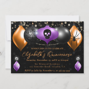 Lila Schwarze, Orange Halloween-Kugeln Quinceanera Einladung