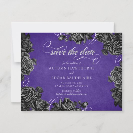 Lila Schwarze Rose Gothic Wedding Save The Date (Vorderseite)