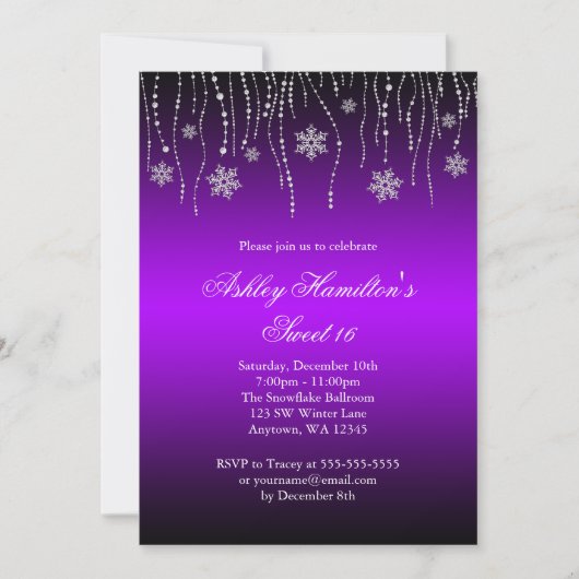 Lila Schwarze Schneeflocken Süß 16 Winterwunderlan Einladung (Vorderseite)