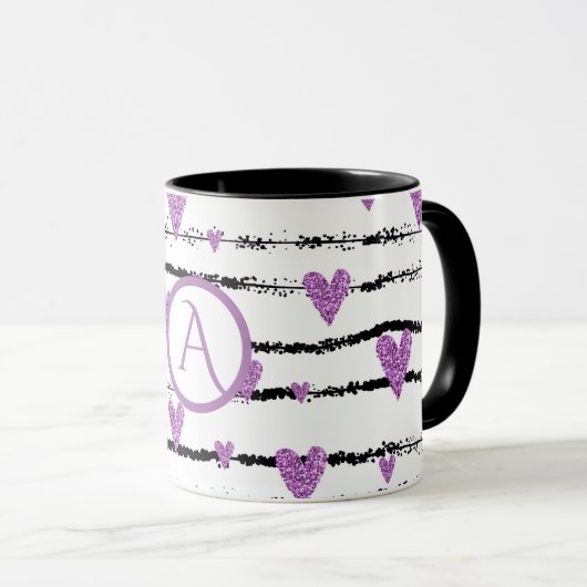 Lila Schwarze Streifen, Monogramm Tasse (VorderseiteRechts)
