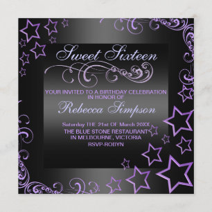 Lila/Schwarze Sweet16 Stern & Swirl Geburtstagsein Einladung