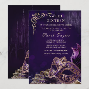 Lila Schwarze Sweet 16 Maskerade Elegante Venezian Einladung
