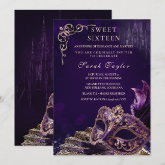 Lila Schwarze Sweet 16 Maskerade Elegante Venezian Einladung