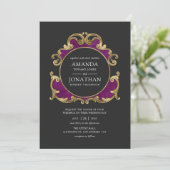 Lila, schwarze und goldene gotische Hochzeitseinla Einladung (Stehend Vorderseite)