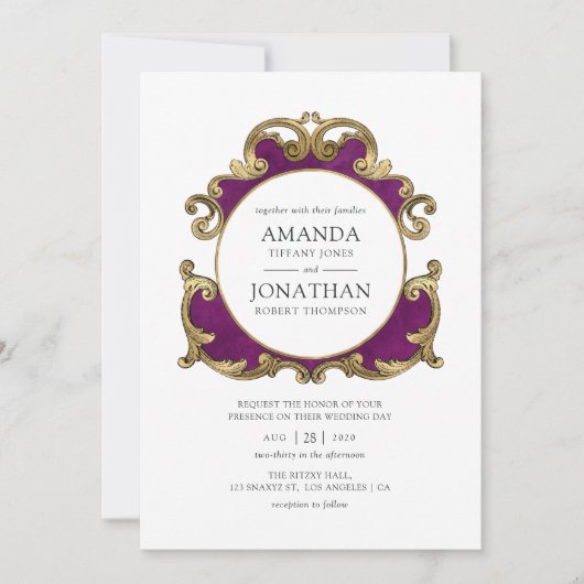 Lila, schwarze und goldgotische Hochzeit Einladung (Vorderseite)