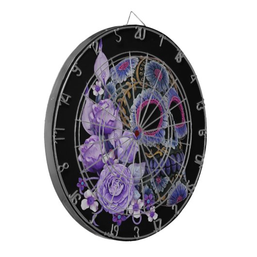 Lila schwarzer Blütenschädel Dartscheibe (Vorderseite Links)