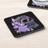 Lila schwarzer Blütenschädel Getränkeuntersetzer (Linke Seite)