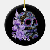 Lila schwarzer Blütenschädel Keramik Ornament (Hinten)