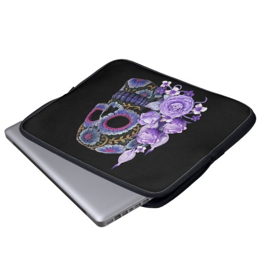 Lila schwarzer Blütenschädel Laptopschutzhülle (Vorne Knopf)