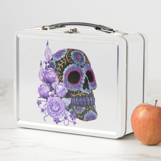 Lila schwarzer Blütenschädel Metall Brotdose (Beispiel)