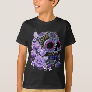 Lila schwarzer Blütenschädel T-Shirt
