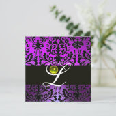 LILA SCHWARZER DAMASK-MONOGRAMM GELB TOPAZ EINLADUNG (Stehend Vorderseite)