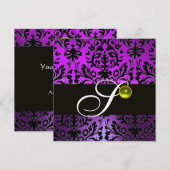 LILA SCHWARZER DAMASK-MONOGRAMM GELBE TOPAZ Gold Einladung (Vorne/Hinten)