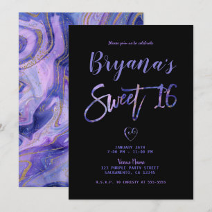 Lila Schwarzer Goldmarmor Chic Glam Sweet 16 Party Einladung