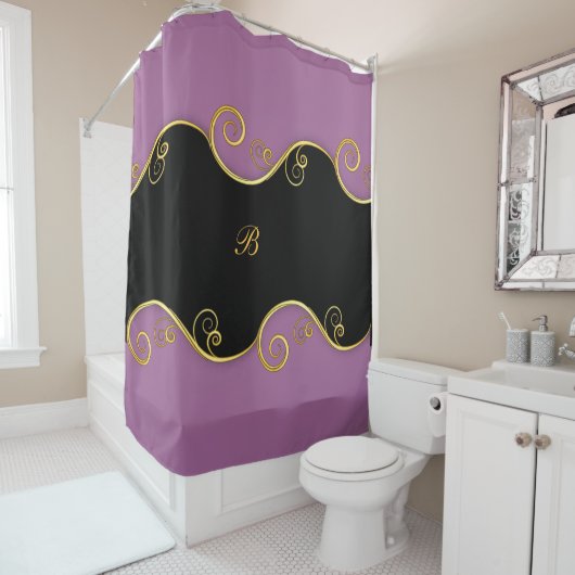Lila-schwarzer Swirl mit Monogramm-Duschvorhang Duschvorhang (Beispiel)
