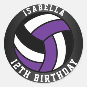 Lila, schwarzer und weißer Volleyball Geburtstag Runder Aufkleber
