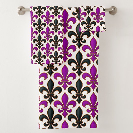 Lila-schwarzes Barock-Fleur-de-lis-Musterdesign Badhandtuch Set