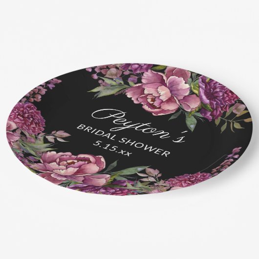 Lila schwarzes Brautparty Pappteller (Schrägansicht)