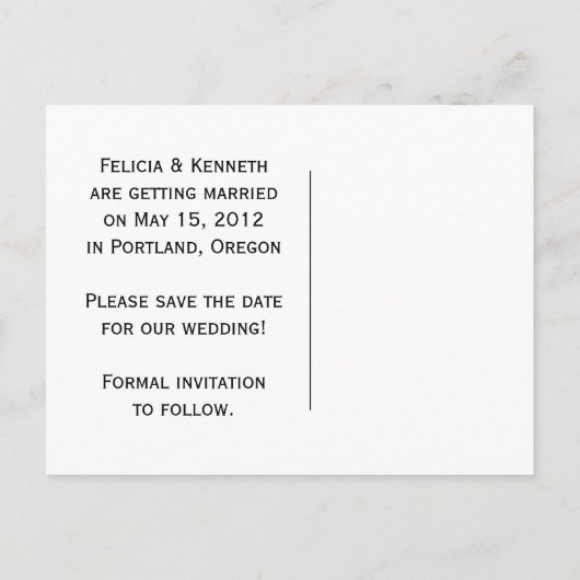 Lila schwarzes Foto Save the Date Ankündigungspostkarte (Rückseite)