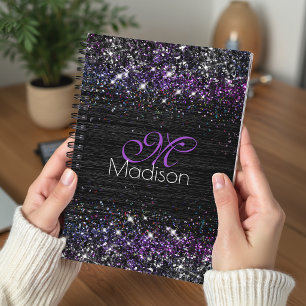 Lila schwarzes gebürstetes Metall Glitter Monogram Planer