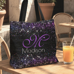 Lila schwarzes gebürstetes Metall-Glitter-Monogram Tasche