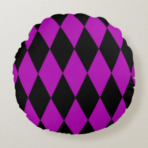 Lila Schwarzes Harlekin-Diamanten-Schachbrett-Desi Rundes Kissen
