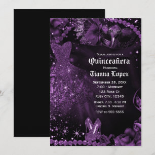 Lila Schwarzes Kleid Maskenball Quinceañera 15 Par Einladung