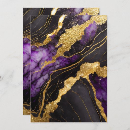 Lila schwarzes Marmormuster mit Gold Einladung (Vorne/Hinten)
