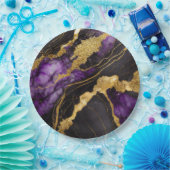 Lila schwarzes Marmormuster mit Gold Pappteller (Party)