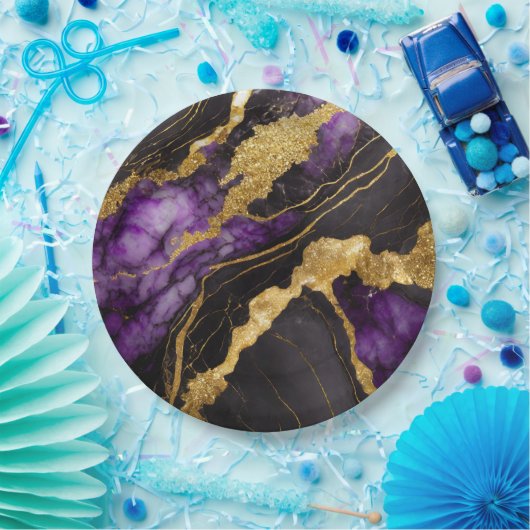 Lila schwarzes Marmormuster mit Gold Pappteller (Party)