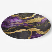 Lila schwarzes Marmormuster mit Gold Pappteller (Schrägansicht)