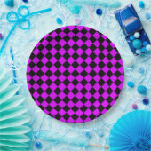 Lila Schwarzes Schachbrett Diamantmuster Pappteller (Party)