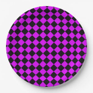Lila Schwarzes Schachbrett Diamantmuster Pappteller
