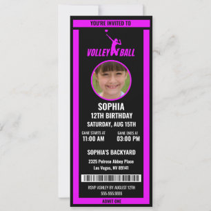 Lila schwarzes Volleyball-Ticket Geburtstagsfoto Einladung