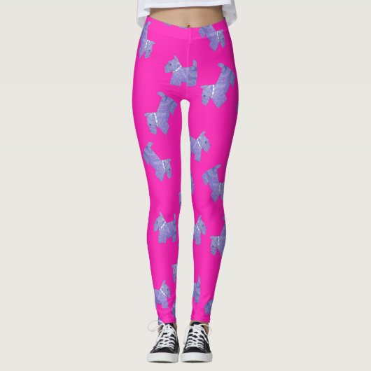Lila Scottie Terrier Rosa Hintergrund Leggings (Vorderseite)