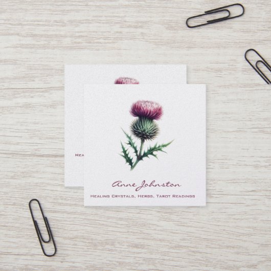 Lila Scottish Thistle Square Business Card Quadratische Visitenkarte (Vorderseite/Rückseite Beispiel)