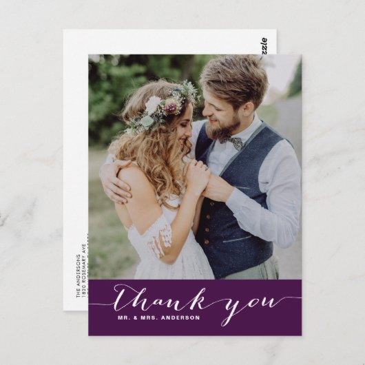 Lila Script-Hochzeit Vielen Dank Vertikale Postkar Postkarte (Vorne/Hinten)