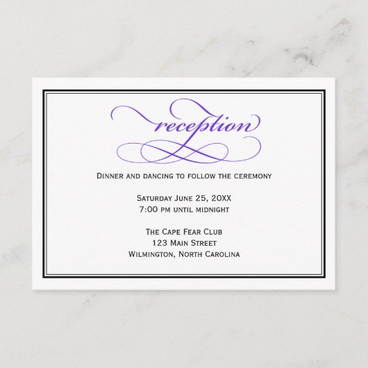 Lila Script-Hochzeitsempfangskarte Begleitkarte (Vorderseite)