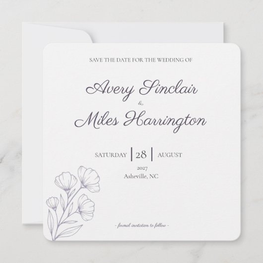 Lila-Script-Linienkunst-Hochzeit Save the Date (Vorderseite)
