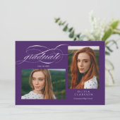 Lila Script QR Code 3 Foto Graduation Party Einladung (Stehend Vorderseite)