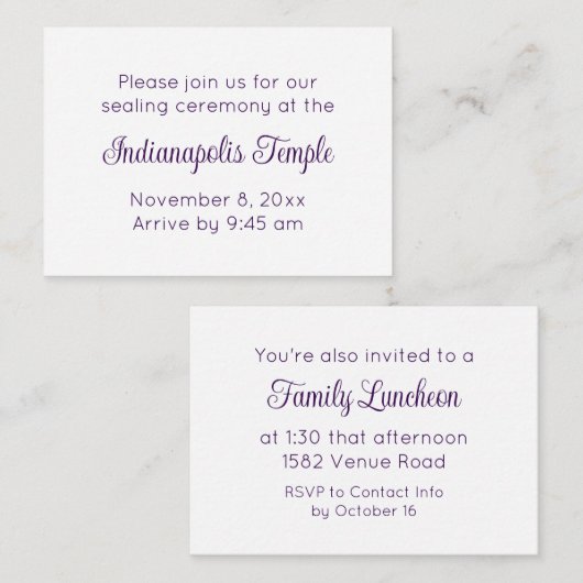 Lila Script Temple Sealing & Meal Einladung (Vorne/Hinten)