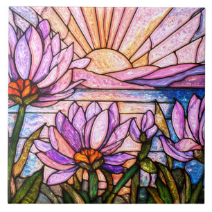 Lila Seerose Falsches Buntglas Sonnenaufgang Fliese