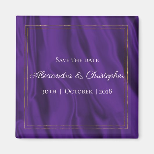 Lila Seidenhochzeit und Gold Save the Date Magnet (Vorne)