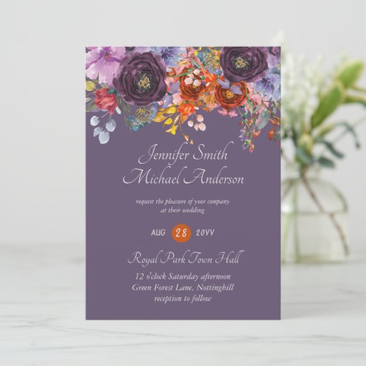 Lila Seite Orange Rosa Blumenzwiebeleinladungen Einladung (Stehend Vorderseite)