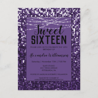 Lila Sequinen/Glitzer Chic Sweet 16 Einladung Postkarte