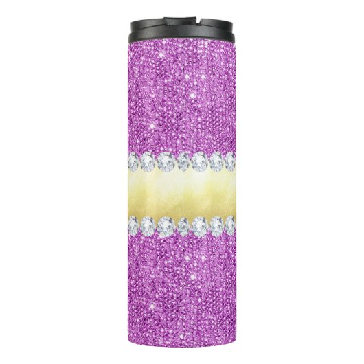 Lila Sequins-Goldfolie und -diamanten Thermosbecher (Rückseite)