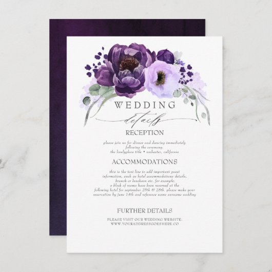 Lila Shades Blume Hochzeitsinformationen Begleitkarte (Vorne/Hinten)