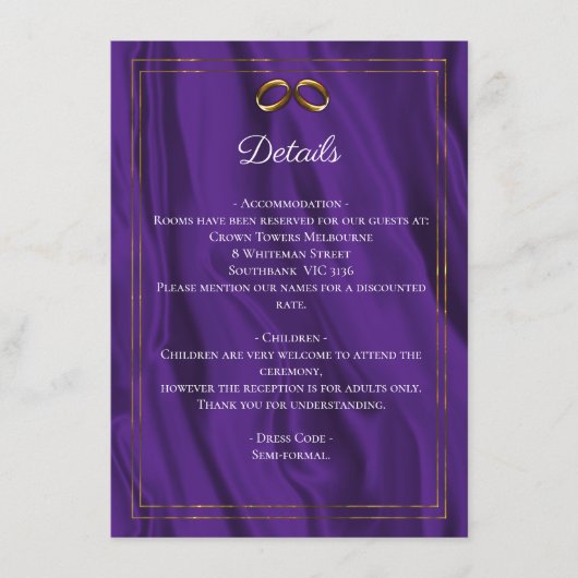 Lila Shimmer & Gold Rings Hochzeitsdetails Begleitkarte (Vorderseite)