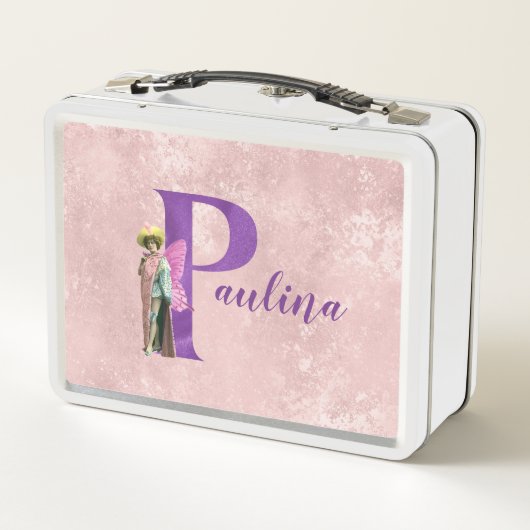 Lila Shimmer Illustrierter Buchstabe P Name Metall Brotdose (Rückseite)